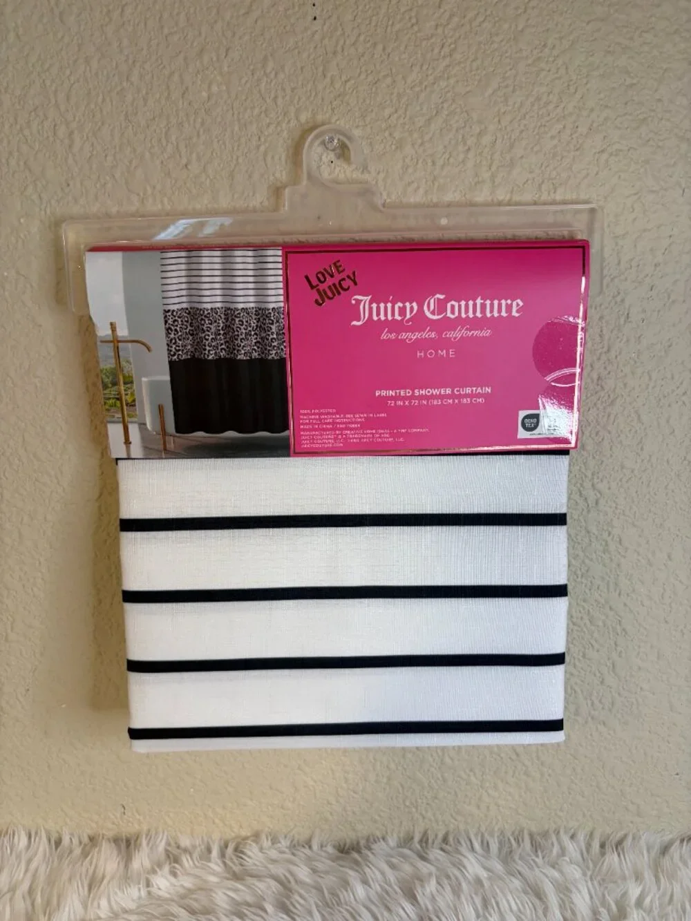 Juicy Couture Leopard Stripe Black White Shower Curtain 72x72 NWT